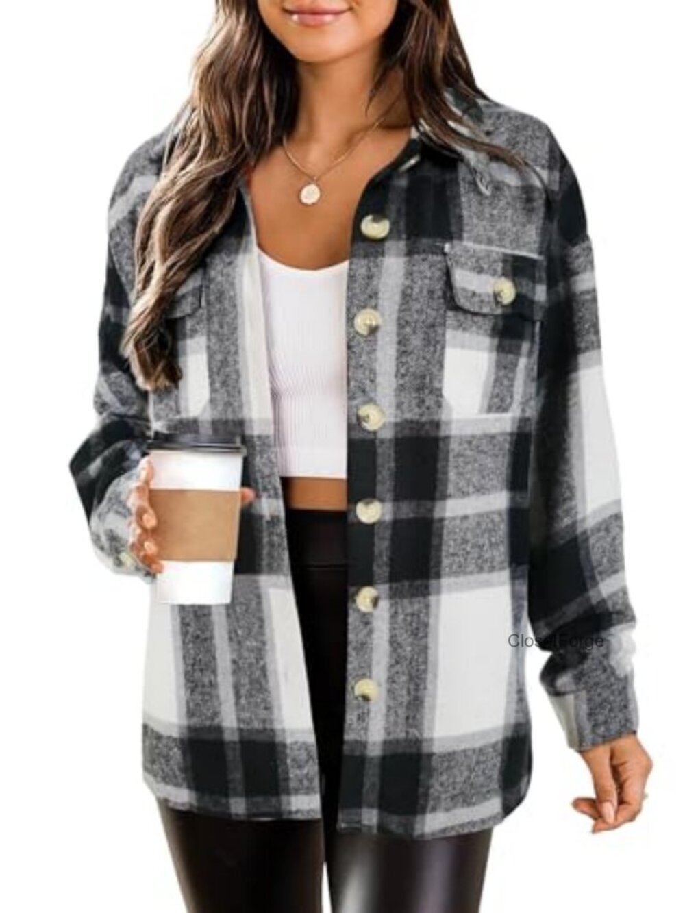 Women's Plaid Flannel Shacket Jacket Casual Winter Coat Long Sleeve Button Down
